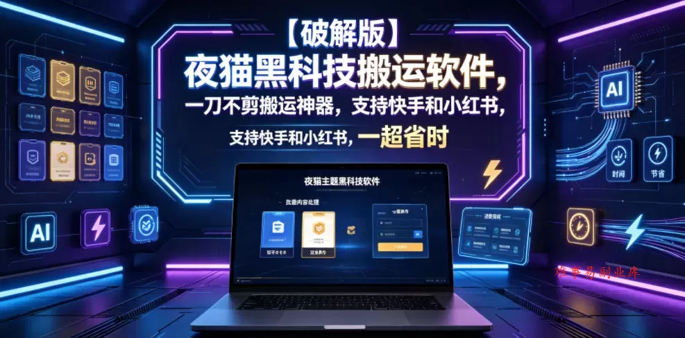 【破解版】夜猫黑科技搬运软件，一刀不剪搬运神器，支持快手和小红书，一键搬运超省时！-难事易副业库