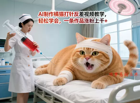 AI制作橘猫打针反差视频教学，轻松学会，一条作品涨粉上千+-难事易副业库