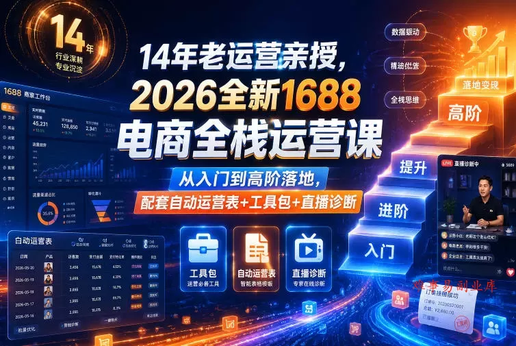 14年老运营亲授，2026全新1688电商全栈运营课，从入门到高阶落地，配套自动运营表+工具包+直播诊断等-难事易副业库