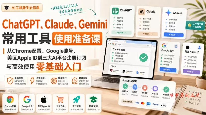 ChatGPT、Claude、Gemini常用工具使用准备课｜从Chrome配置、Google账号、美区Apple ID到三大AI平台注册订阅与高效使用零基础入门-难事易副业库