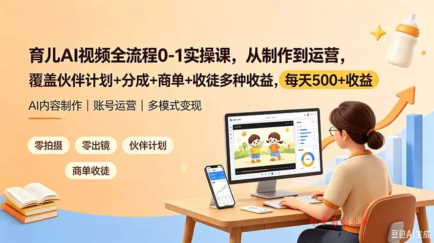 育儿AI视频全流程0-1实操课，从制作到运营，覆盖伙伴计划+分成+商单+收徒多种收益，每天500+收益-难事易副业库