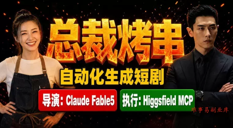 Claude Fable5担任导演+Higgsfield MCP落地执行｜《总裁烤串》真人质感短剧全自动AI生成全流程教学-难事易副业库