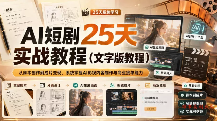AI短剧25天实战教程(文字版教程)，从脚本创作到成片变现，系统掌握AI影视内容制作与商业接单能力-难事易副业库