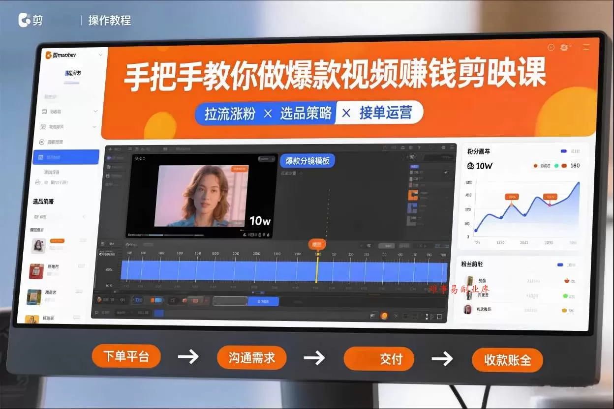 手把手教你做爆款视频赚钱剪映课，手把手教学拉流涨粉、选品策略和接单运营（更新2026）-难事易副业库