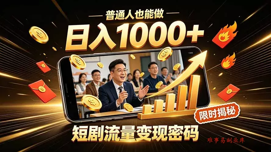 一部手机做短剧分发，不用真人出镜、不用拍摄剧本，快手流量变现日赚千元-难事易副业库