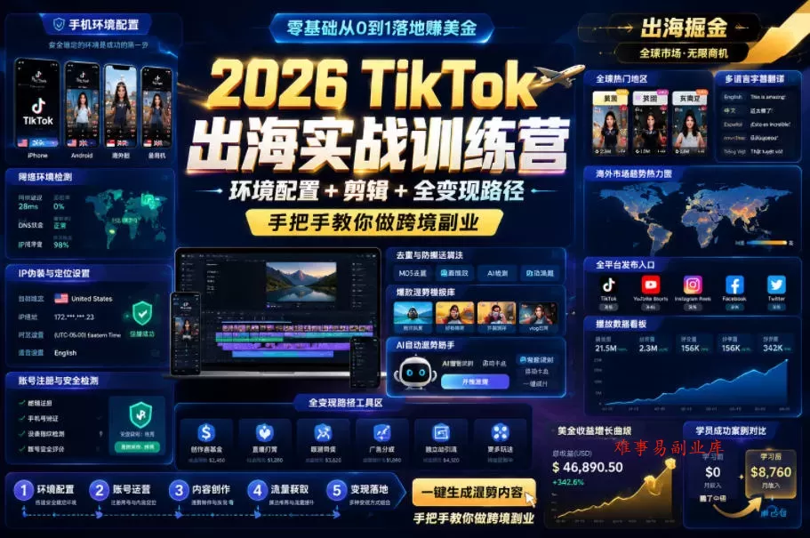2026 TikTok出海实战训练营，环境配置 + 剪辑 + 全变现路径，手把手教你做跨境副业-难事易副业库