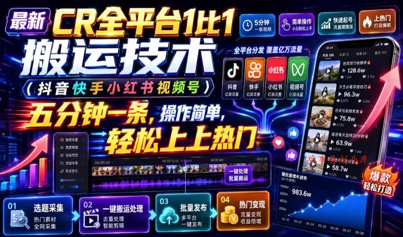 最新CR全平台1比1搬运技术（抖音快手小红书视频号）五分钟分钟一条，操作简单，轻松上热门（教程+软件+参数）-难事易副业库
