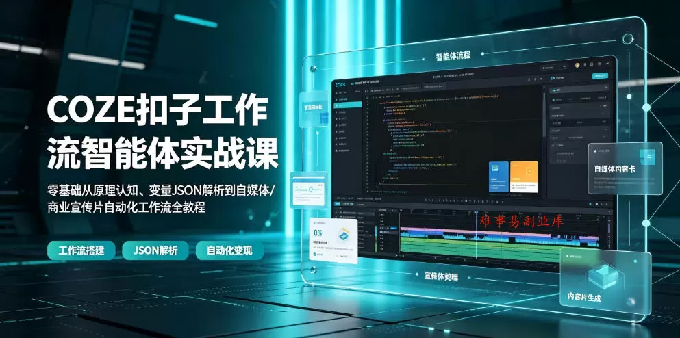 COZE扣子工作流智能体实战课｜零基础从原理认知、变量JSON解析到自媒体/商业宣传片自动化工作流全教程-难事易副业库