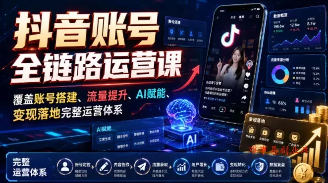 抖音账号全链路运营课，覆盖账号搭建、流量提升、AI赋能、变现落地完整运营体系-难事易副业库