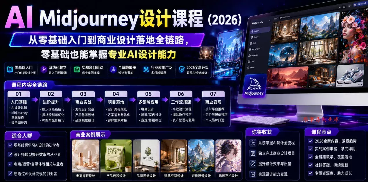AI Midjourney设计课程（2026），从零基础入门到商业设计落地全链路，零基础也能掌握专业AI设计能力-难事易副业库