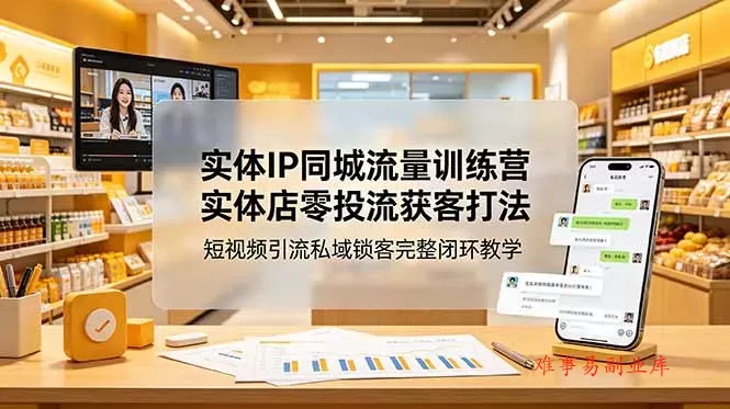 实体IP同城流量训练营：实体店零投流获客打法，短视频引流私域锁客完整闭环教学-难事易副业库