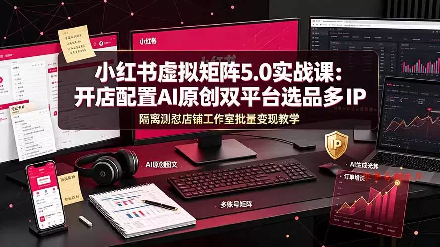小红书虚拟矩阵5.0实战课：开店配置｜AI原创｜双平台选品｜多IP隔离｜测怼店铺工作室批量变现实操教学-难事易副业库