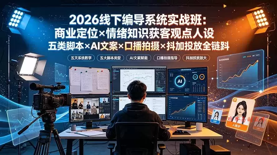 （19501期）2026线下编导系统实战班：商业定位×情绪知识获客观点人设五类脚本×AI文案×口播拍摄×抖加投放全链路-难事易副业库