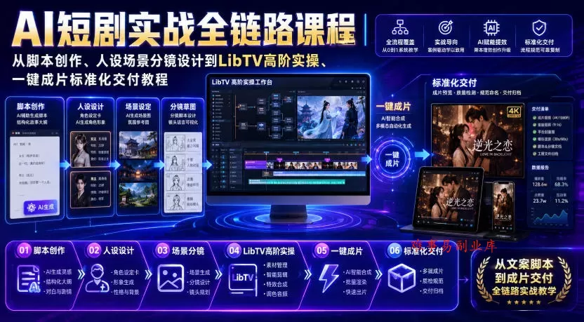 AI短剧实战全链路课程｜从脚本创作、人设场景分镜设计到LibTV高阶实操、一键成片标准化交付教程-难事易副业库