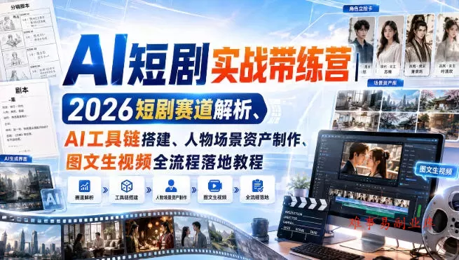 AI短剧实战带练营｜2026短剧赛道解析、AI工具链搭建、人物场景资产制作、图文生视频全流程落地教程-难事易副业库