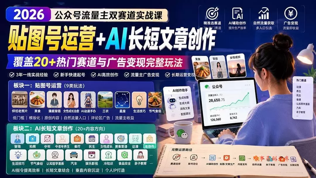 （20153期）公众号流量主双赛道实战课：贴图号运营+AI长短文章创作，覆盖20+热门赛道与广告变现完整玩法-难事易副业库