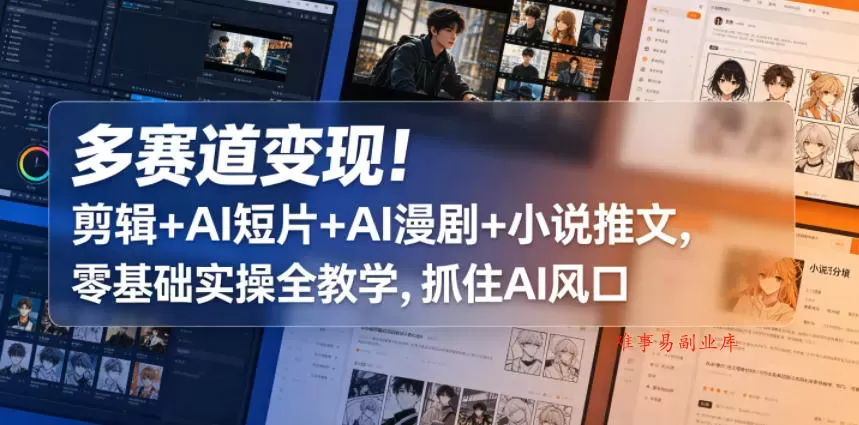 多赛道变现！剪辑+AI短片+AI漫剧+小说推文，零基础实操全教学，抓住AI风口-难事易副业库