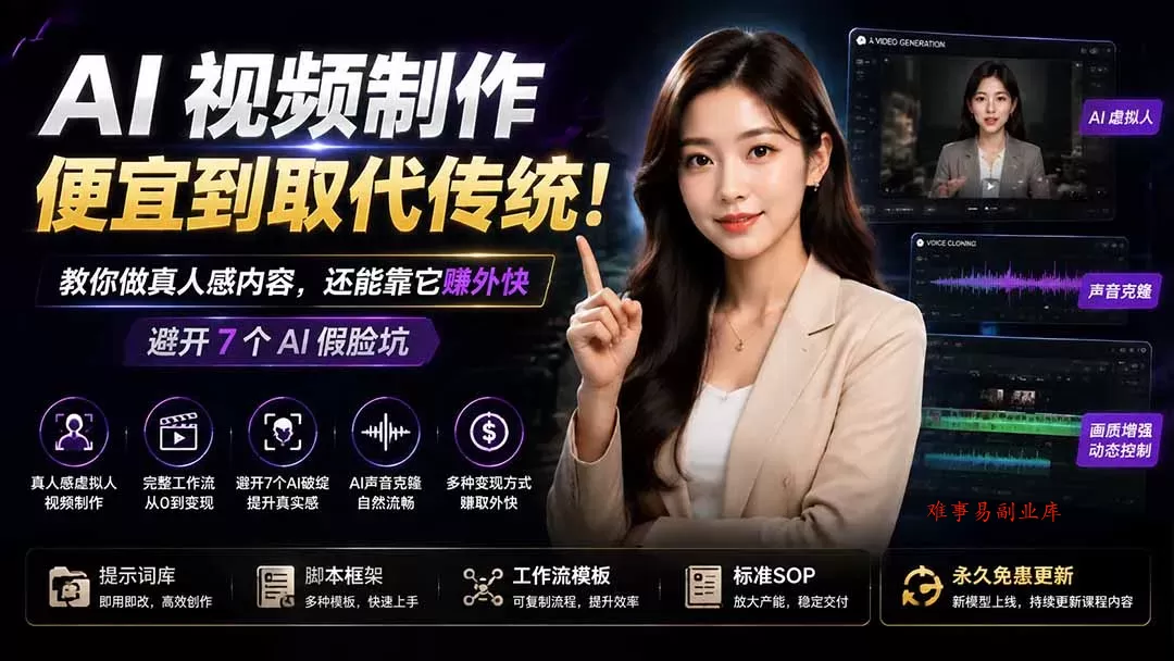 AI视频制作便宜到取代传统！教你做真人感内容，还能靠它赚外快(避开7个AI假脸坑-难事易副业库