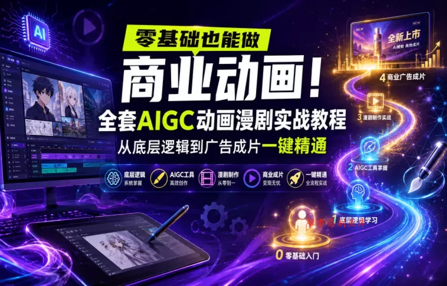 零基础也能做商业动画！全套AIGC动画漫剧实战教程，从底层逻辑到广告成片一键精通-难事易副业库