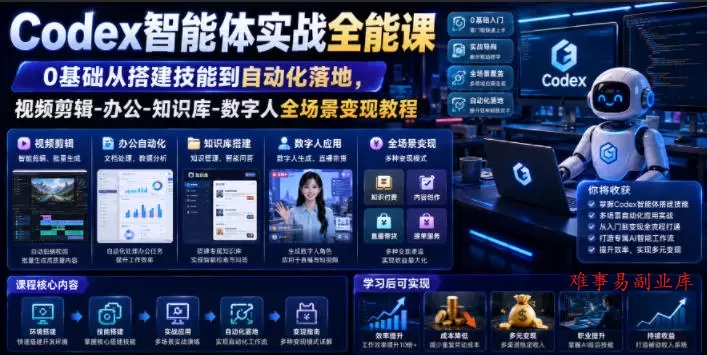 Codex智能体实战全能课｜0基础从搭建技能到自动化落地，视频剪辑-办公-知识库-数字人全场景变现教程-难事易副业库