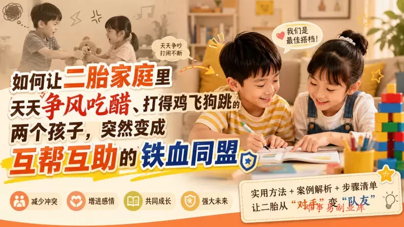 付费文章：如何让二胎家庭里天天争风吃醋、打得鸡飞狗跳的两个孩子，突然变成互帮互助的铁血同盟？-难事易副业库