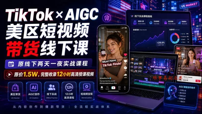 TikTok×AIGC美区短视频带货线下课，原线下两天一夜实战课程，原价1.5W，完整收录12小时高清授课视频-难事易副业库