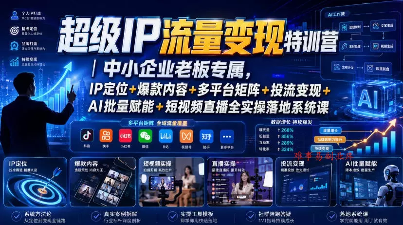 超级IP流量变现特训营｜中小企业老板专属，IP定位+爆款内容+多平台矩阵+投流变现+AI批量赋能+短视频直播全实操落地系统课-难事易副业库
