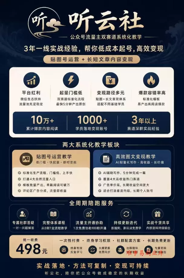 听云社公众号流量主双赛道系统化教学，3年一线实战经验，帮你低成本起号，高效变现，贴图号运营+长短文章内容变现