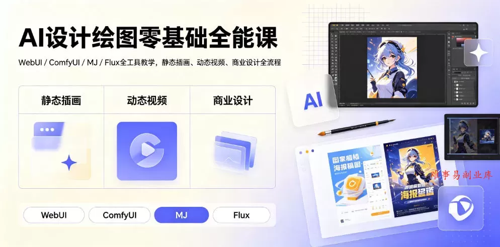 AI设计绘图零基础全能课|WebUI/ComfyUI/MJ/Flux全工具教学,静态插画、动态视频、商业设计全流程 AI设计绘图零基础全能课|WebUI/ComfyUI/MJ/Flux全工具教学,静态插画、动态视频、商业设计全流程