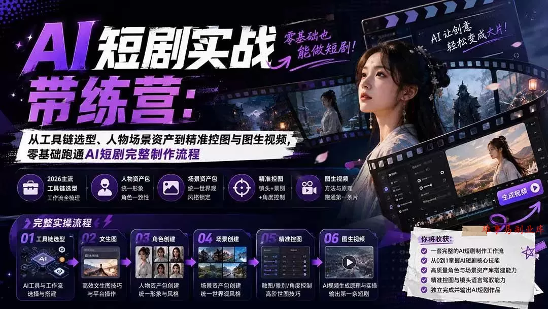 （20064期）AI短剧实战训练营：从工具链选型、人物场景资产到精准控图与图生视频，零基础跑通AI短剧完整制作流程-难事易副业库