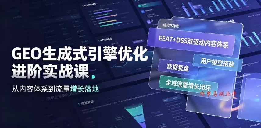 GEO生成式引擎优化进阶实战课｜EEAT+DSS双驱动内容体系、用户模型搭建、数据复盘、全域流量增长闭环落地教程-难事易副业库