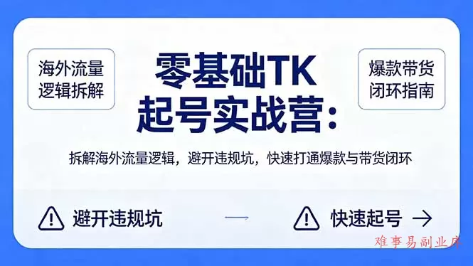 零基础 TK 起号实战营：拆解海外流量逻辑，避开违规坑，快速打通爆款与带货闭环-难事易副业库