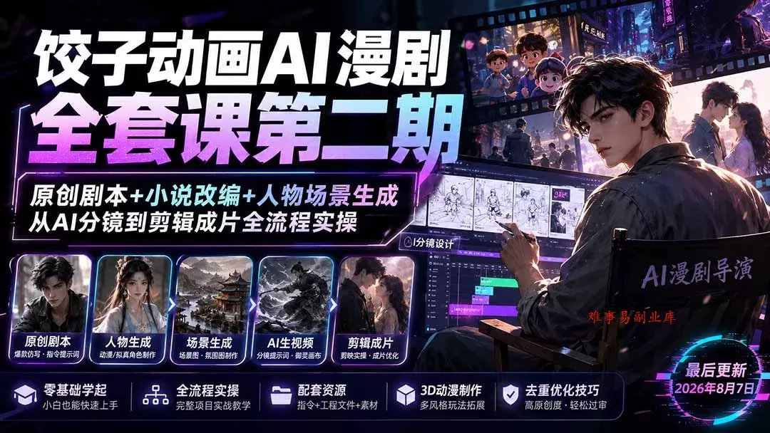 饺子动画AI漫剧全套课第二期：原创剧本+小说改编+人物场景生成，从AI分镜到剪辑成片全流程实操