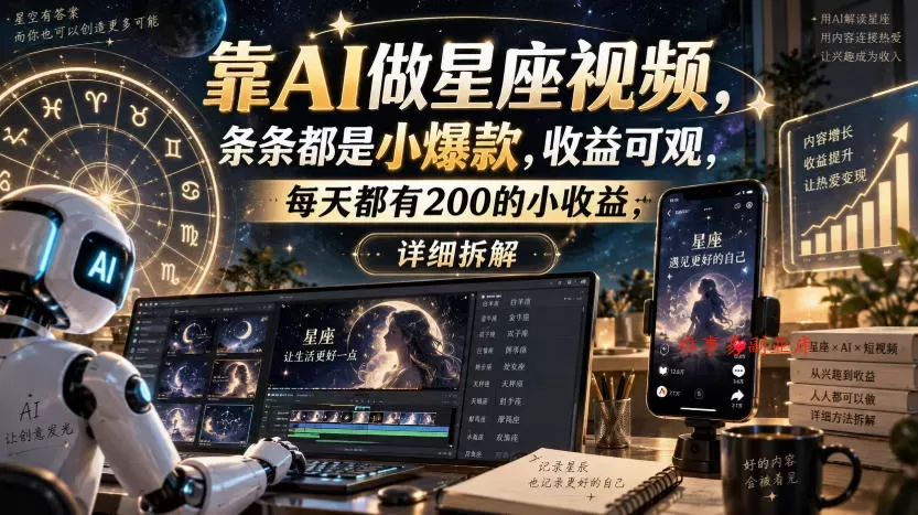 靠AI做星座视频，条条都是小爆款，收益可观，每天都有200的小收益，详细拆解-难事易副业库