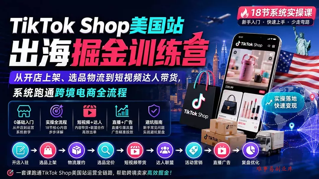 TikTok Shop美国站出海掘金训练营：从开店上架、选品物流到短视频达人带货，系统跑通跨境电商全流程-难事易副业库