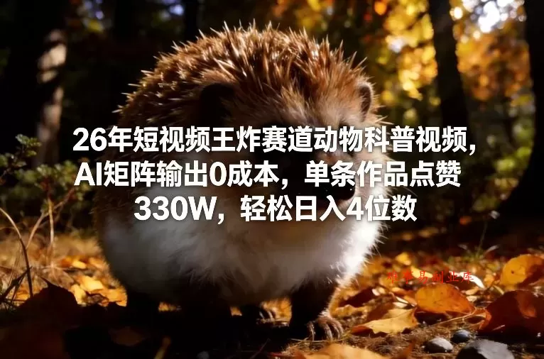 26年短视频王炸赛道动物科普视频，AI矩阵输出0成本，单条作品点赞330W，轻松日入4位数-难事易副业库
