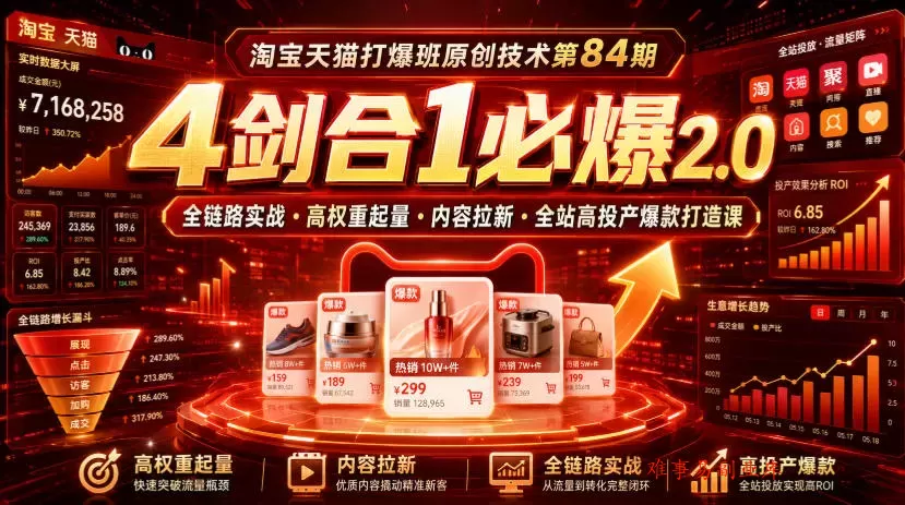 淘宝天猫打爆班原创技术第84期|4剑合1必爆2.0全链路实战・高权重起量・内容拉新・全站高投产爆款打造课 淘宝天猫打爆班原创技术第84期|4剑合1必爆2.0全链路实战・高权重起量・内容拉新・全站高投产爆款打造课