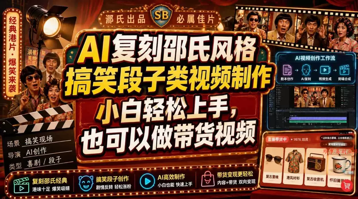 AI复刻邵氏风格搞笑段子类视频制作，小白轻松上手，也可以做带货视频-难事易副业库