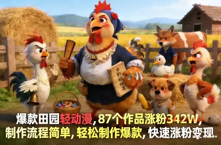 爆款田园轻动漫，87个作品涨粉342W，制作流程简单，轻松制作爆款，快速涨粉变现-难事易副业库