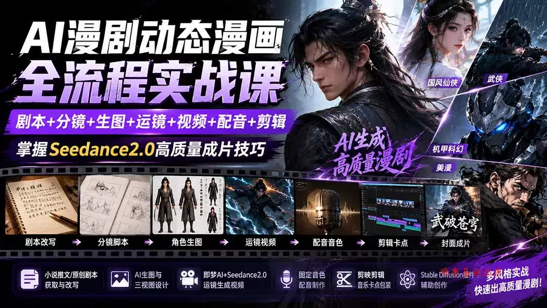 AI漫剧动态漫画全流程实战课：剧本+分镜+生图+运镜+视频+配音+剪辑，掌握Seedance2.0高质量成片技巧-难事易副业库