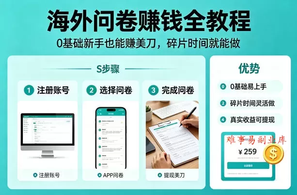 海外问卷賺钱全教程，0基础新手也能賺美刀，碎片时间就能做-难事易副业库