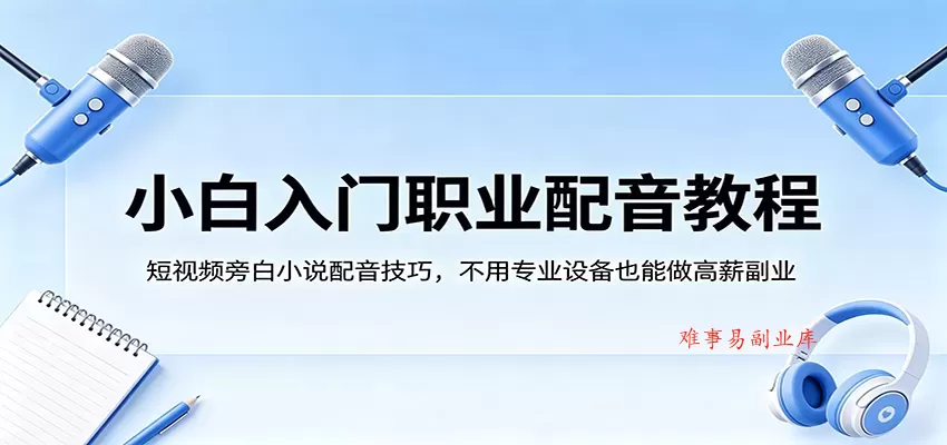 小白入门职业配音教程，短视频旁白小说配音技巧，不用专业设备也能做高薪副业-难事易副业库