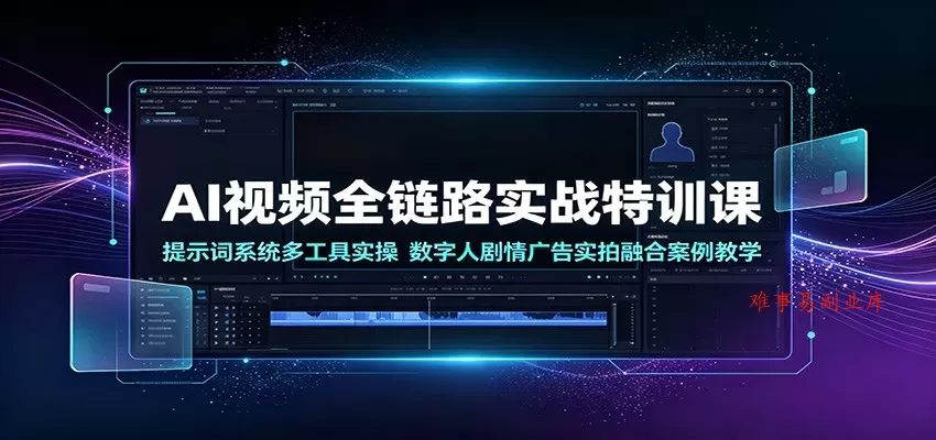 AI视频全链路实战特训课：提示词系统多工具实操，数字人剧情广告实拍融合案例教学-难事易副业库