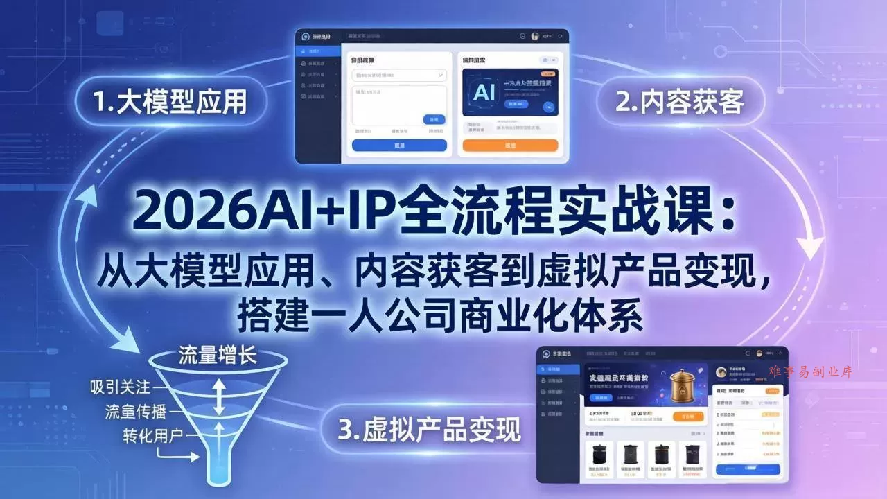 (17863期)2026AI+IP全流程实战课:从大模型应用、内容获客到虚拟产品变现,搭建一人公司商业化体系-难事易副业库
