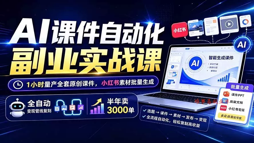 AI课件自动化副业实战课：1小时量产全套原创课件×小红书素材批量生成×全自动变现管线×半年卖3000单-难事易副业库