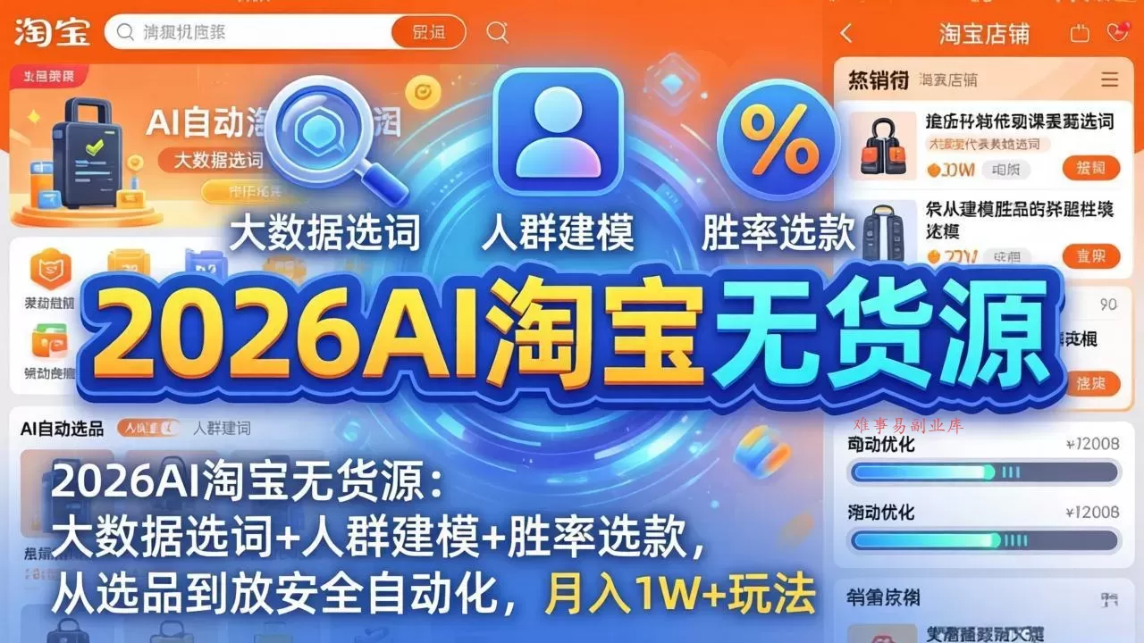 2026AI淘宝无货源:大数据选词+人群建模+胜率选款,从选品到放大全自动化,月入1W+玩法 2026AI淘宝无货源:大数据选词+人群建模+胜率选款,从选品到放大全自动化,月入1W+玩法