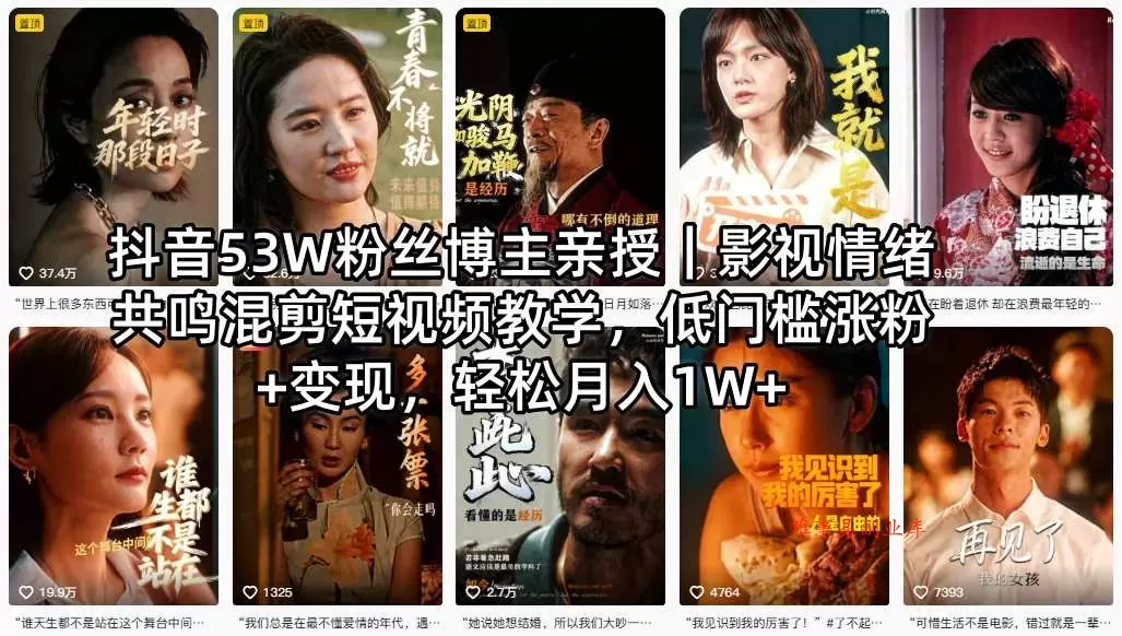 抖音53W粉丝博主亲授｜影视情绪共鸣混剪短视频教学，低门槛涨粉+变现，轻松月入1W+-难事易副业库
