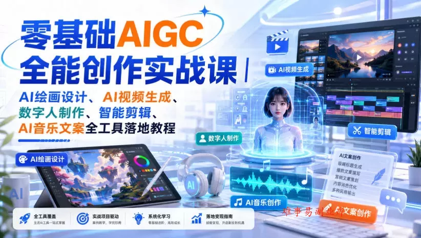 零基础AIGC全能创作实战课｜AI绘画设计、AI视频生成、数字人制作、智能剪辑、AI音乐文案全工具落地教程-难事易副业库