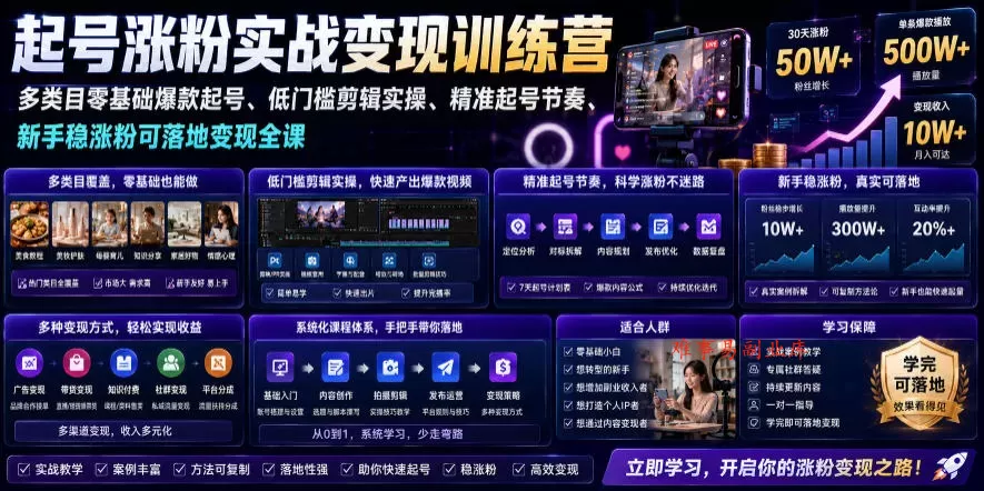 苗子起号涨粉实战变现训练营，多类目零基础爆款起号、精准起号节奏、新手稳涨粉可落地变现全课（更新0719）-难事易副业库