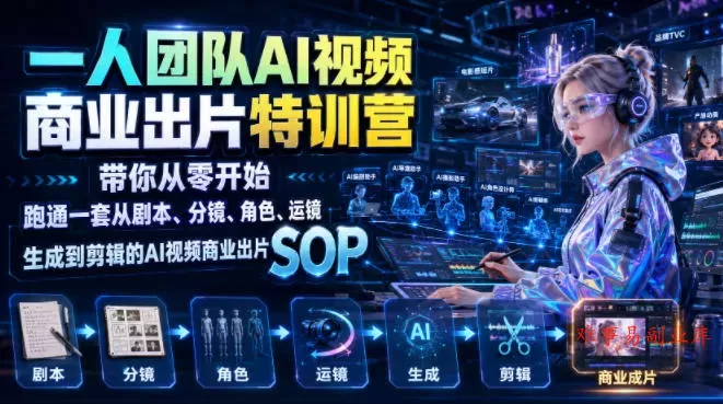 一人团队AI视频商业出片实战课：带你从零开始跑通一套从剧本、分镜、角色、运镜、生成到剪辑的AI视频商业出片SOP-难事易副业库